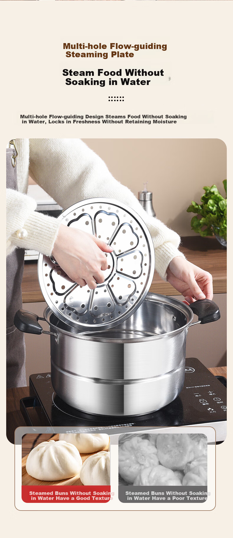BSITN Stainless Steel Steamer Pot 26cm Single Layer Steamer for Steaming Buns and Cooking Soup Compatible with Gas Stove and Induction Cooker 2410 7