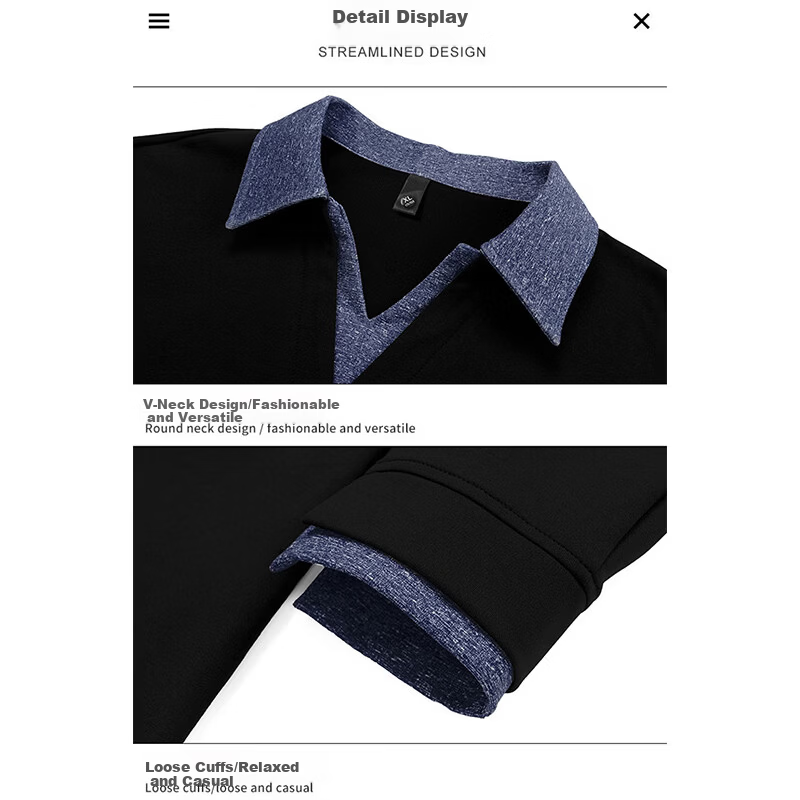 Mark Fairwhale Men's Spring and Autumn Polo Collar Colorblock Long Sleeve Loose Casual Outdoor Sports Sweatshirt Black 2XL
