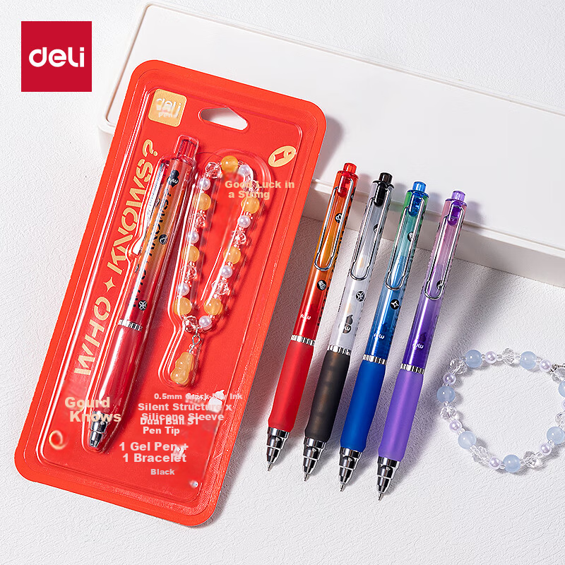 Deli Gourd Shaped Quick-Dry Retractable Gel Pen 0.5mm Dual Ballpoint ST Tip Student Exam Pen Set (1 Pen + 1 Bracelet) Random Color SA704