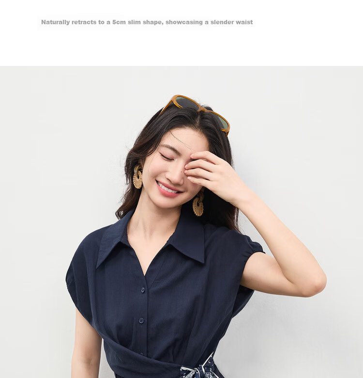 Shangdu Bila Linen Tencel Commuter Shirt Women Spring Summer Printed Tie Pleated Waist Slimming Blouse Turn-down Collar Top 9