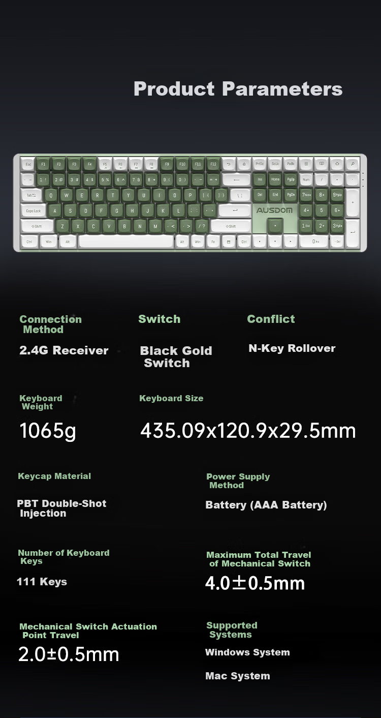 AUSDOM HOLA108 Wireless Keyboard and Mouse Combo Office Gaming Mechanical Keyboard 108-Key Anti-Ghosting Full Layout Desktop Computer Set Green White 14