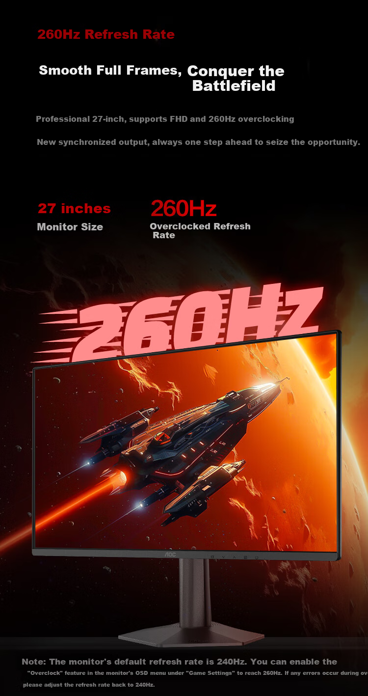 AOC 27-inch 260Hz FastIPS 1ms Factory Calibrated Hardware Low Blue Light Delta Gaming Monitor 27G51Z Series 3