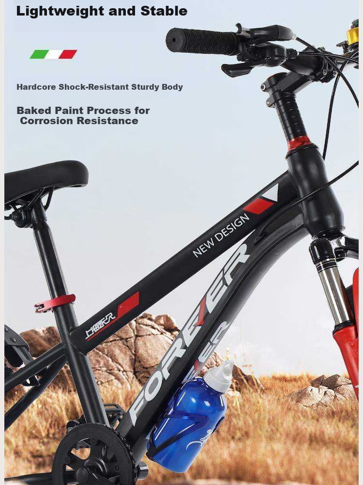 FOREVER Children's Mountain Bike Gear Shift for Boys and Girls Ages 6-15, Black and Red Integrated Wheel, 22-inch 8