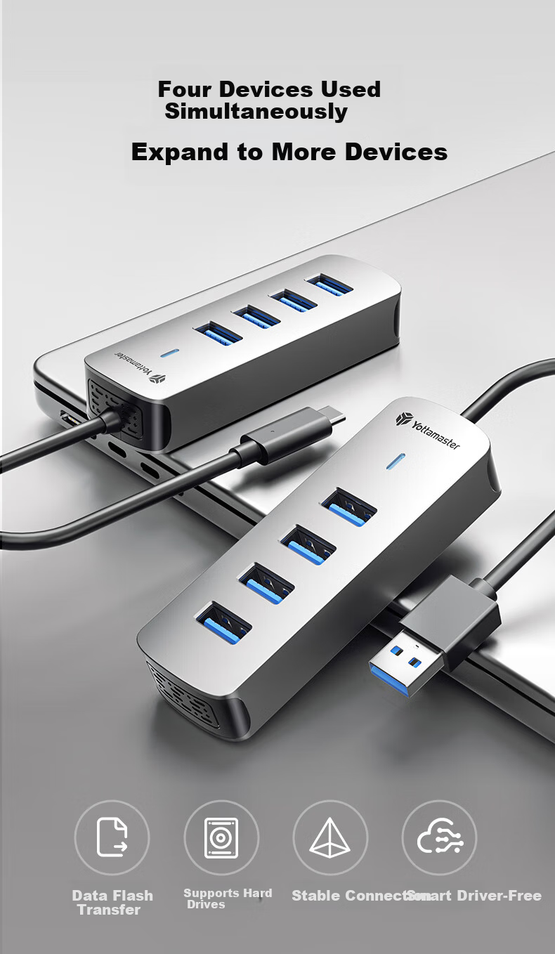 Yottamaster USB 3.0 Hub Docking Station High-Speed 4-Port Hub Expansion Dock Laptop Multi-Port Adapter Extension Cable 0.15m 1