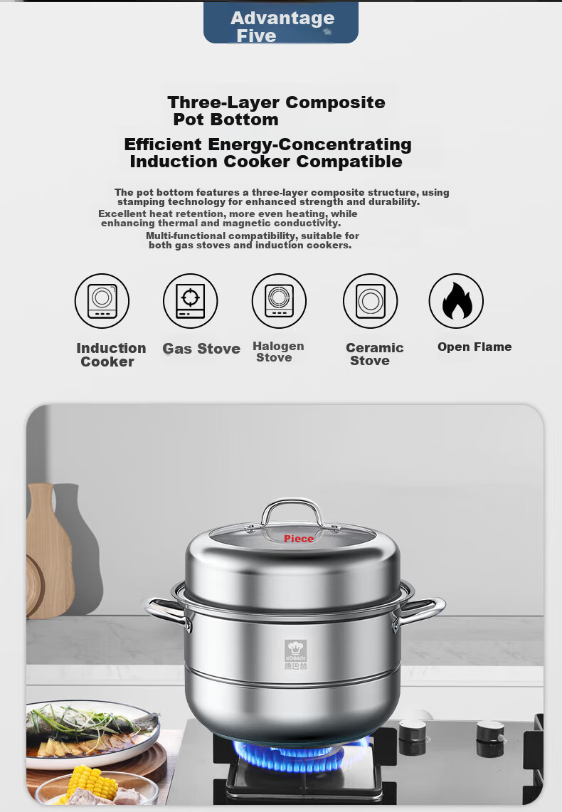 Kambach 304 Stainless Steel Double-Layer Steamer Pot with Lid, Thickened Bottom Large Soup Steamer, Multifunctional Cookware, 30cm, Compatible with Gas Stoves 2
