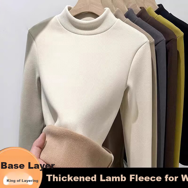 LangSha Autumn Winter Fleece-Lined Thickened Half Turtleneck Base Shirt for Women 7A Antibacterial Mite-Resistant Lamb Fleece Thermal Innerwear