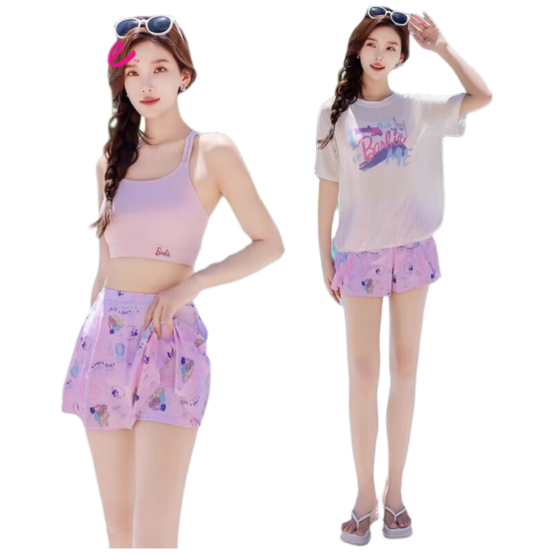 Barbie Conservative Two-Piece Swimsuit Set for Women, Casual Plus Size Swimwear to Hide Belly And Slim Figure, Suitable for Hot Springs And Vacation, Elegant Style