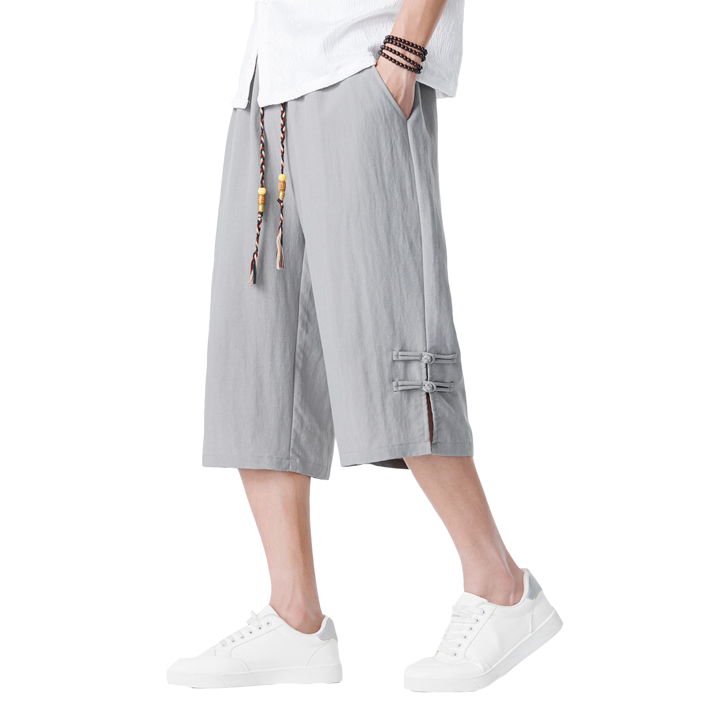 ROMON Men's Summer Thin Ice Silk Cool Feeling Seven-Point Shorts Trendy National Style Casual Pants K337 Gray XL
