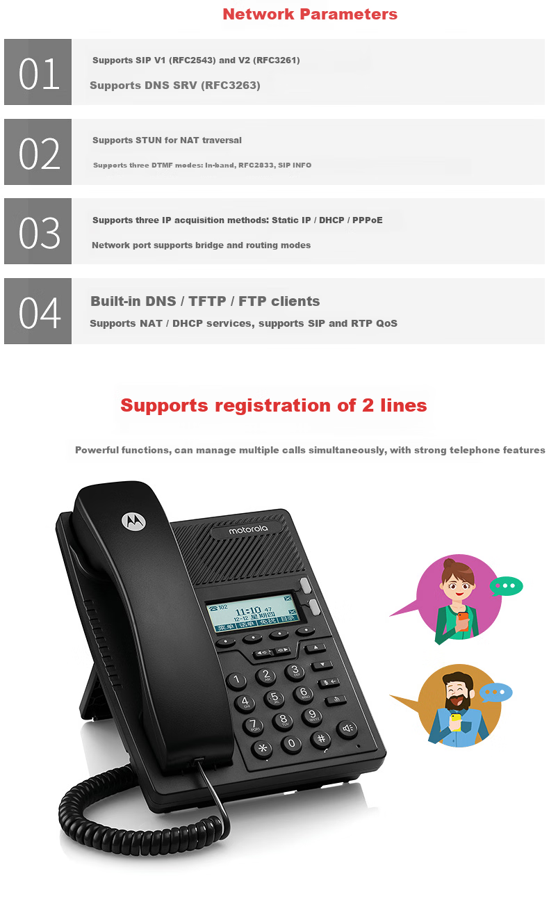 Motorola IP Phone Network Phone 100Mbps VOIP Desk Phone WIFI SIP Phone Office Fixed Phone Internal Intercom IP9910-2W 3
