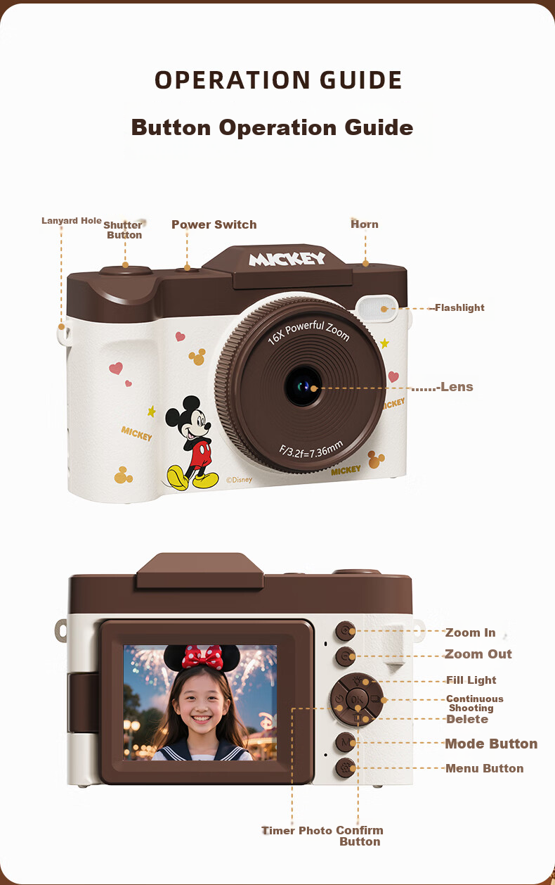 Disney Retro CCD Digital Camera with Flip Screen, Image Stabilization, Beauty Mode – Student Gift for Girlfriend's Birthday 520 24