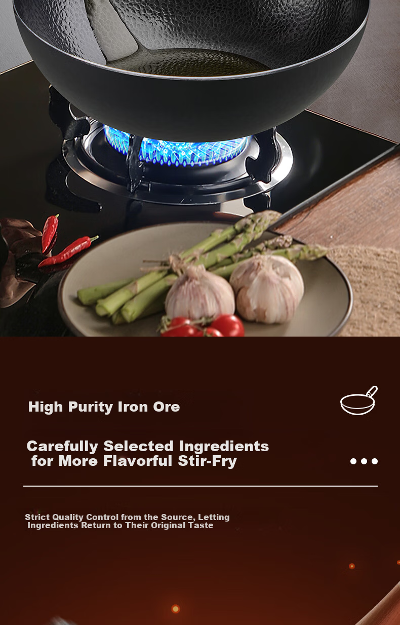 SUPOR Iron Wok, Pure Iron Non-Stick Pan without Coating, Household Stir-Fry Pan, Frying Pan with Hammered Texture, Physical Non-Stick 3
