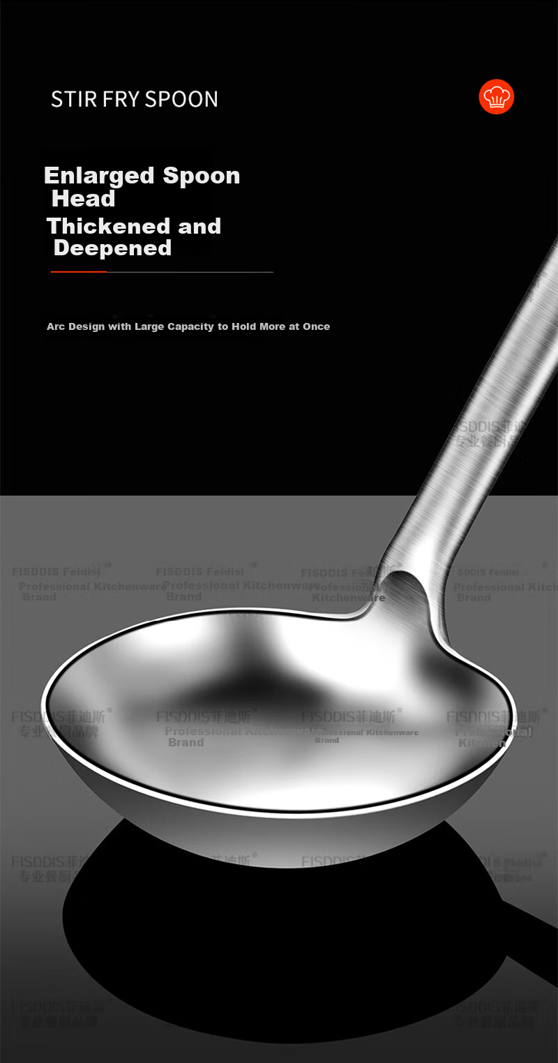 FISDDIS Extra Thick Stainless Steel Stir Fry Ladle 6 Liang Wooden Handle Commercial Cooking Spoon Long Handle Chef Ladle Water Scoop 6