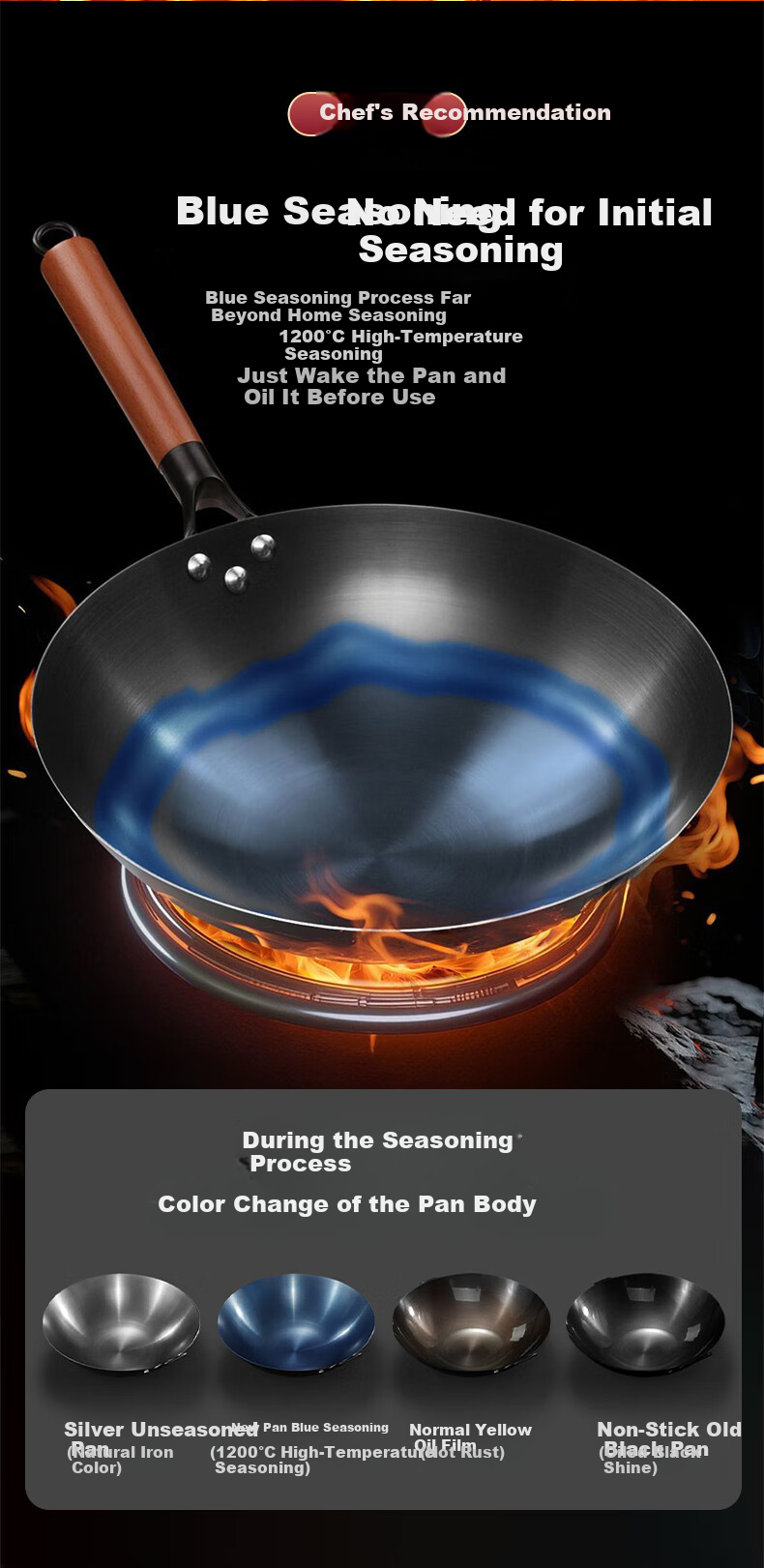 Quanpinwu Cast Iron Stir-Fry Pan Non-Coated Seasoned Non-Stick Round Bottom Large Capacity Gas Stove Wok with Lid 36cm 9