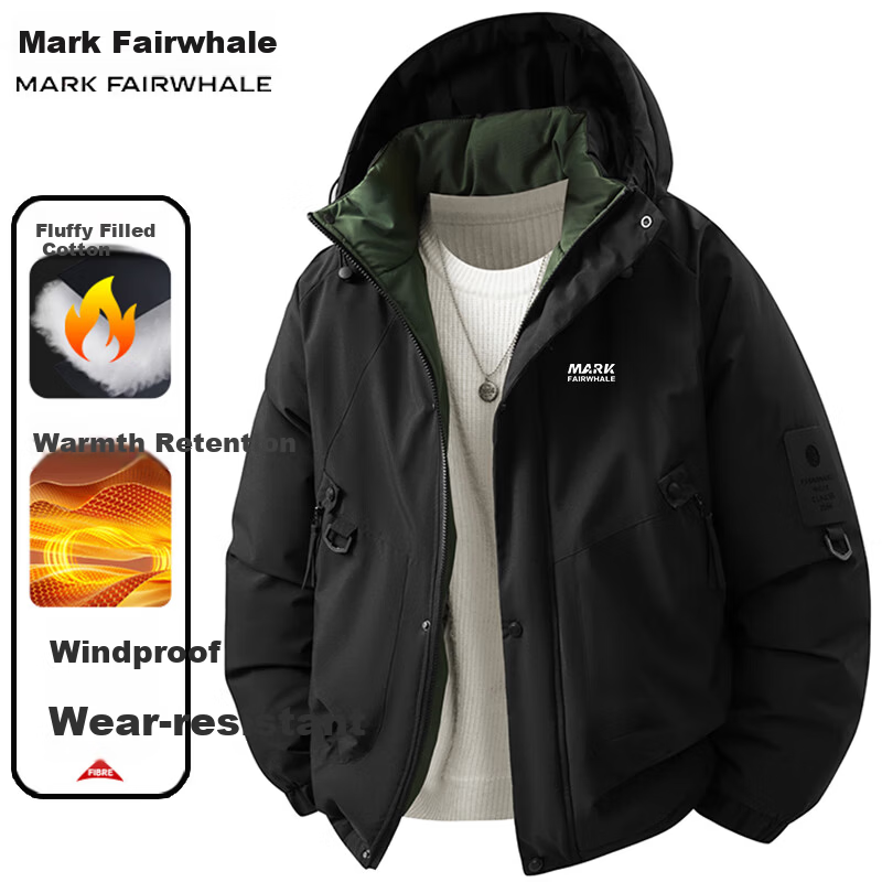 FAIRWHALE Men's Thickened Cotton Jacket Autumn Winter Casual Hooded Warm Cotton Coat Outdoor Sports Top Black L