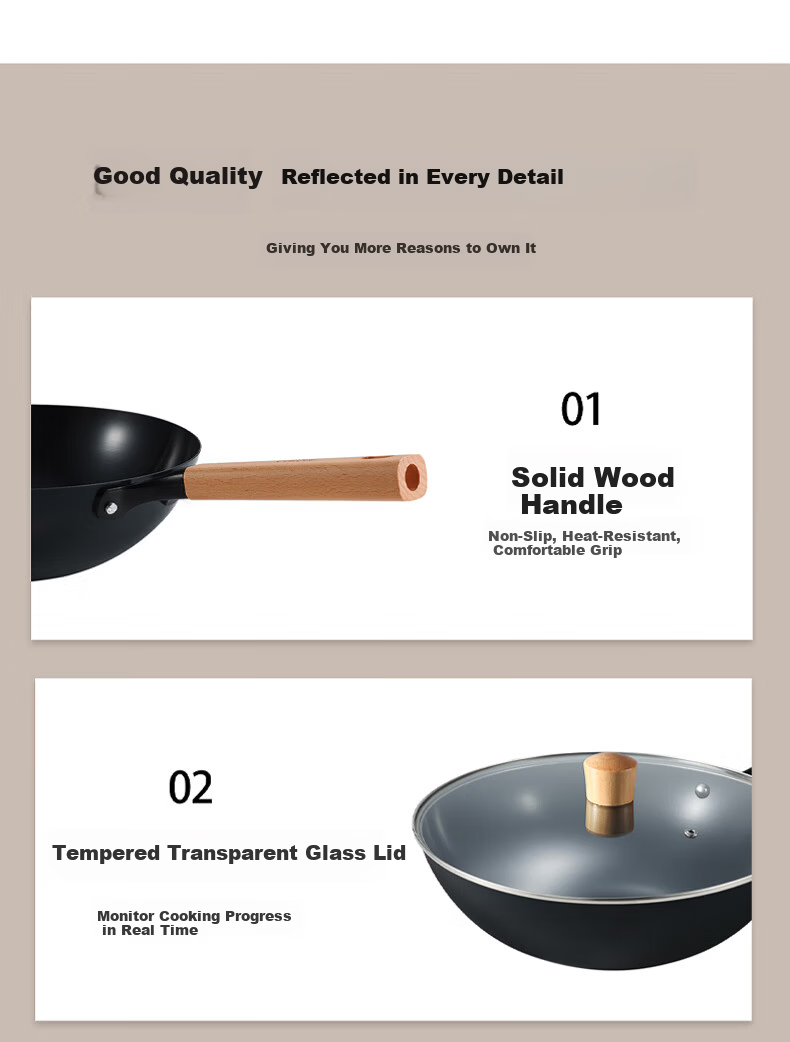 Carote Iron Wok, Home Cooking Pan, Non-Coated Non-Stick Pan, Suitable for Induction And Gas Stoves, Traditional Style, 32cm with Lid 14