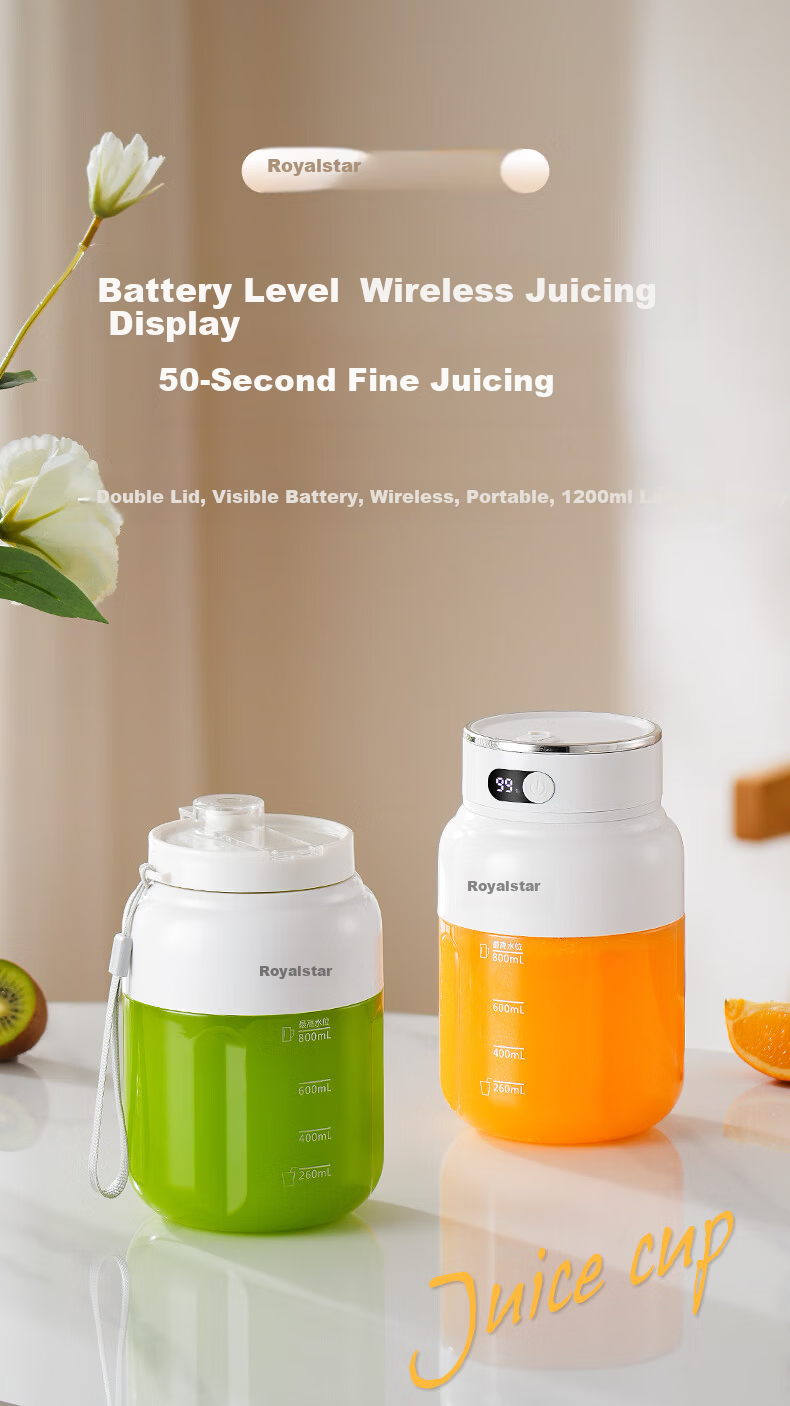 Royalstar Large Capacity Wireless Portable Juicer Multifunctional Juice Blender Ice Crushing Milkshake Fruit and Vegetable Cup Digital Display Direct Drinking 1200ML RZ-80PY1 1