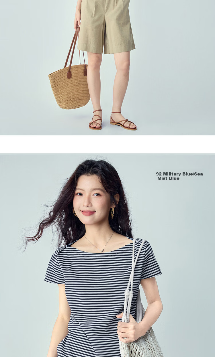 Giordano Women's Striped T-Shirt 2026 Summer New Pure Cotton Off-Shoulder Knit Short Sleeve Top 13326235 10