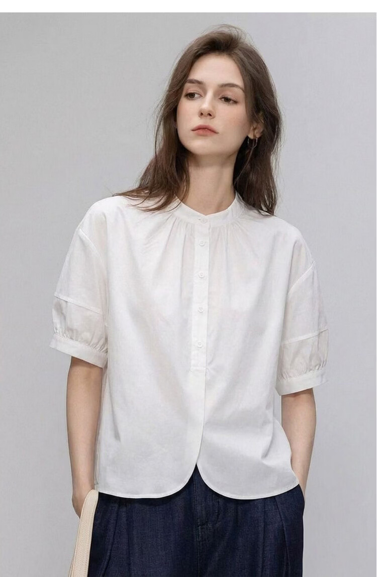 Demana [Oxygen Pure Cotton] Summer Simple Style Gathered Small Stand Collar Lantern Sleeve Curved Hem Loose Slim Women's Shirt 12