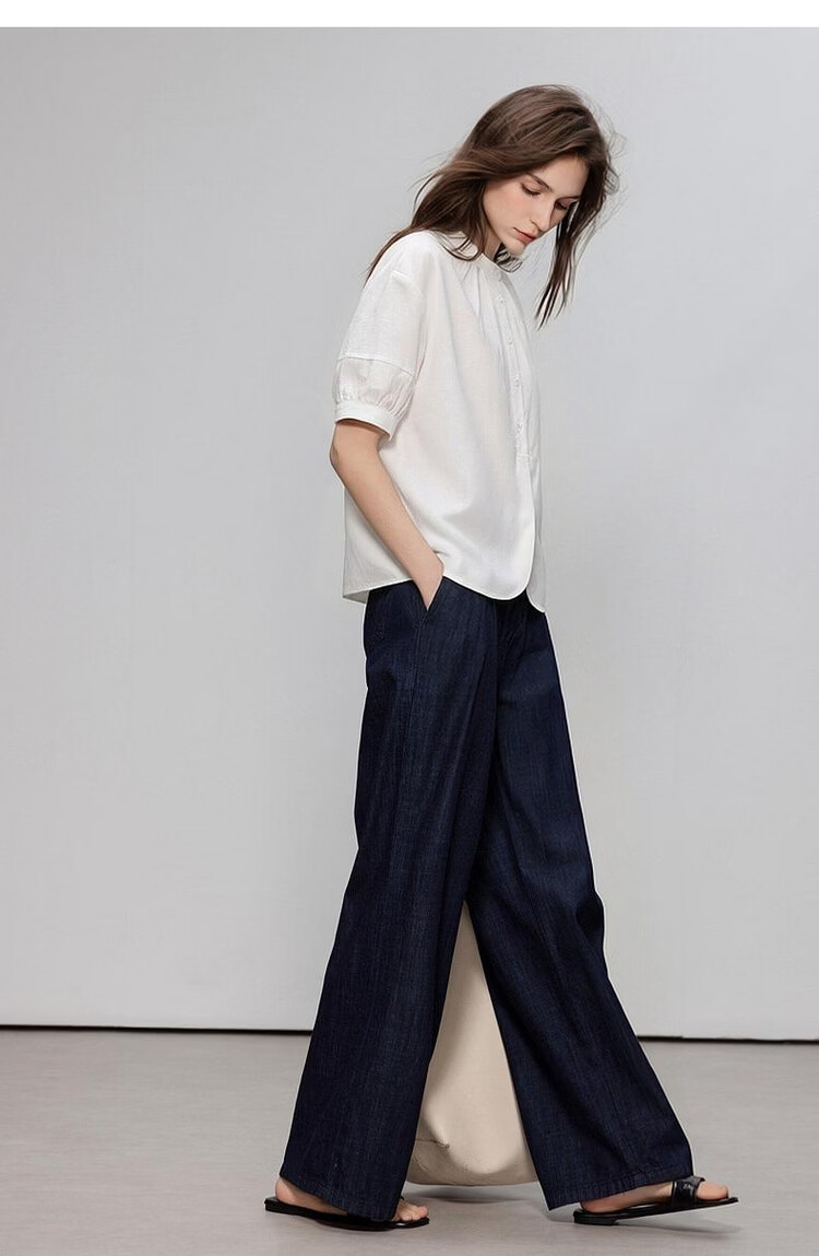 Demana [Oxygen Pure Cotton] Summer Simple Style Gathered Small Stand Collar Lantern Sleeve Curved Hem Loose Slim Women's Shirt 14