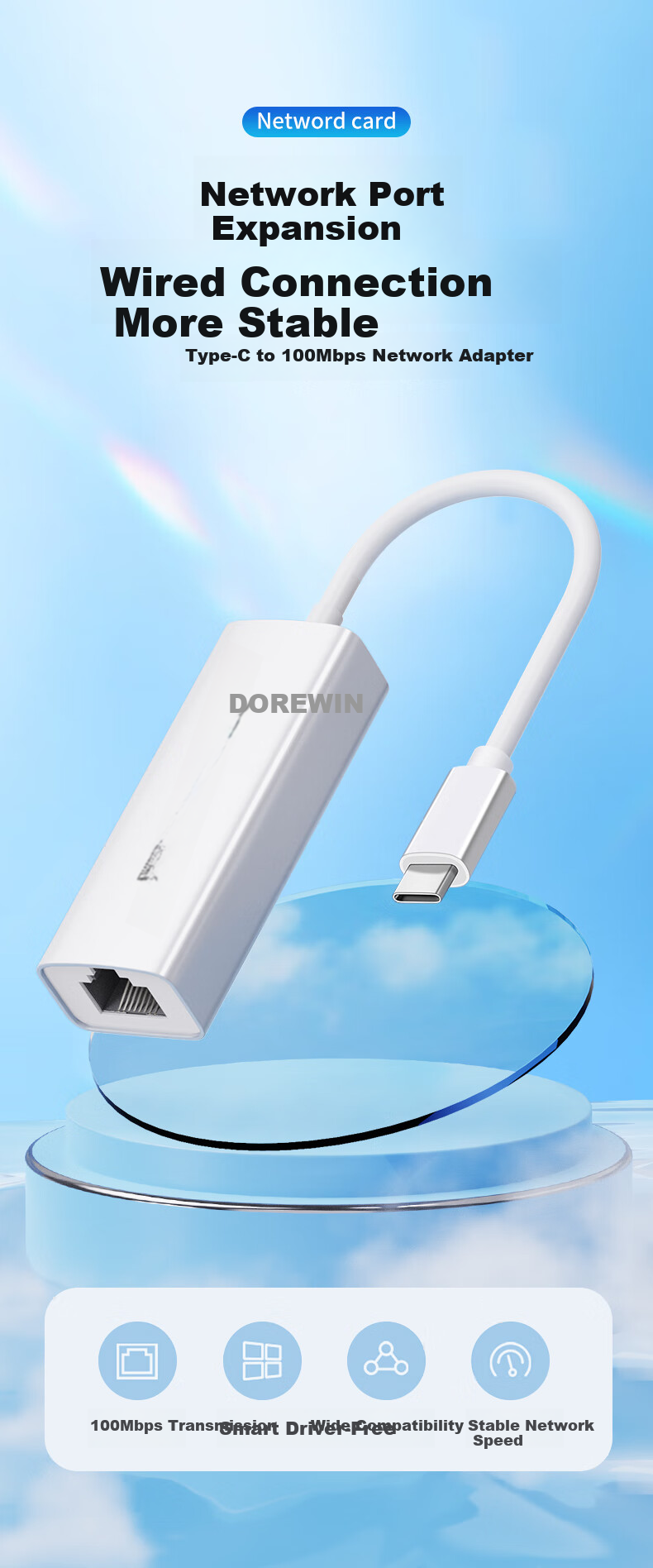 DOREWIN Type-C to Ethernet Adapter Wired Network Card Converter USB Docking Station Compatible with Apple Mac Lenovo Huawei Laptop Ethernet Extension Cable 1
