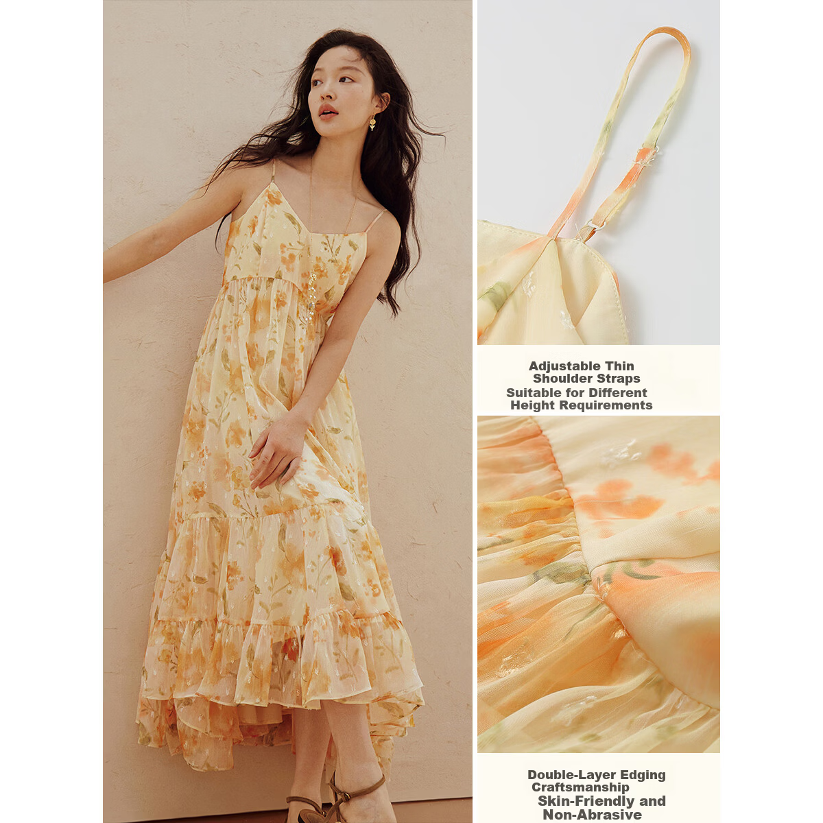 INMAN Floral V-Neck Spaghetti Strap Dress Summer 2026 Women's New Waist-Cinched A-Line Long Dress Colorful M