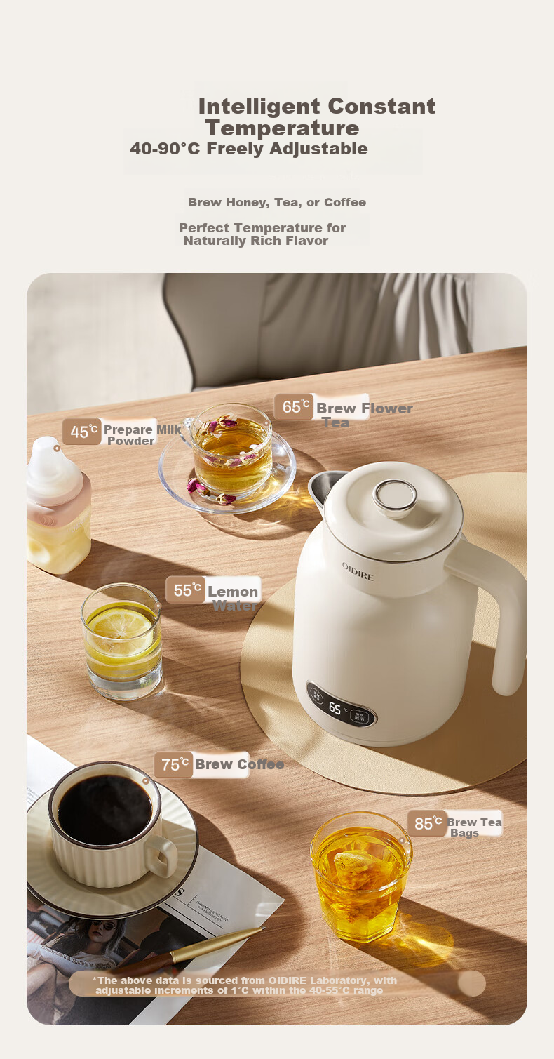 OIDIRE Smart Temperature Control Kettle Electric Water Kettle Multi-Stage Temperature Adjustment 316 Stainless Steel Seamless Inner Liner Insulated Health Kettle 1.2L ODI-DR10 6
