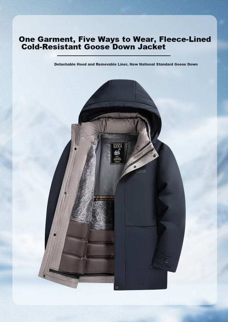 Yalu [90% Goose Down] Men's Winter New Mid-Length Business Thickened Hooded Detachable Liner Down Jacket 1