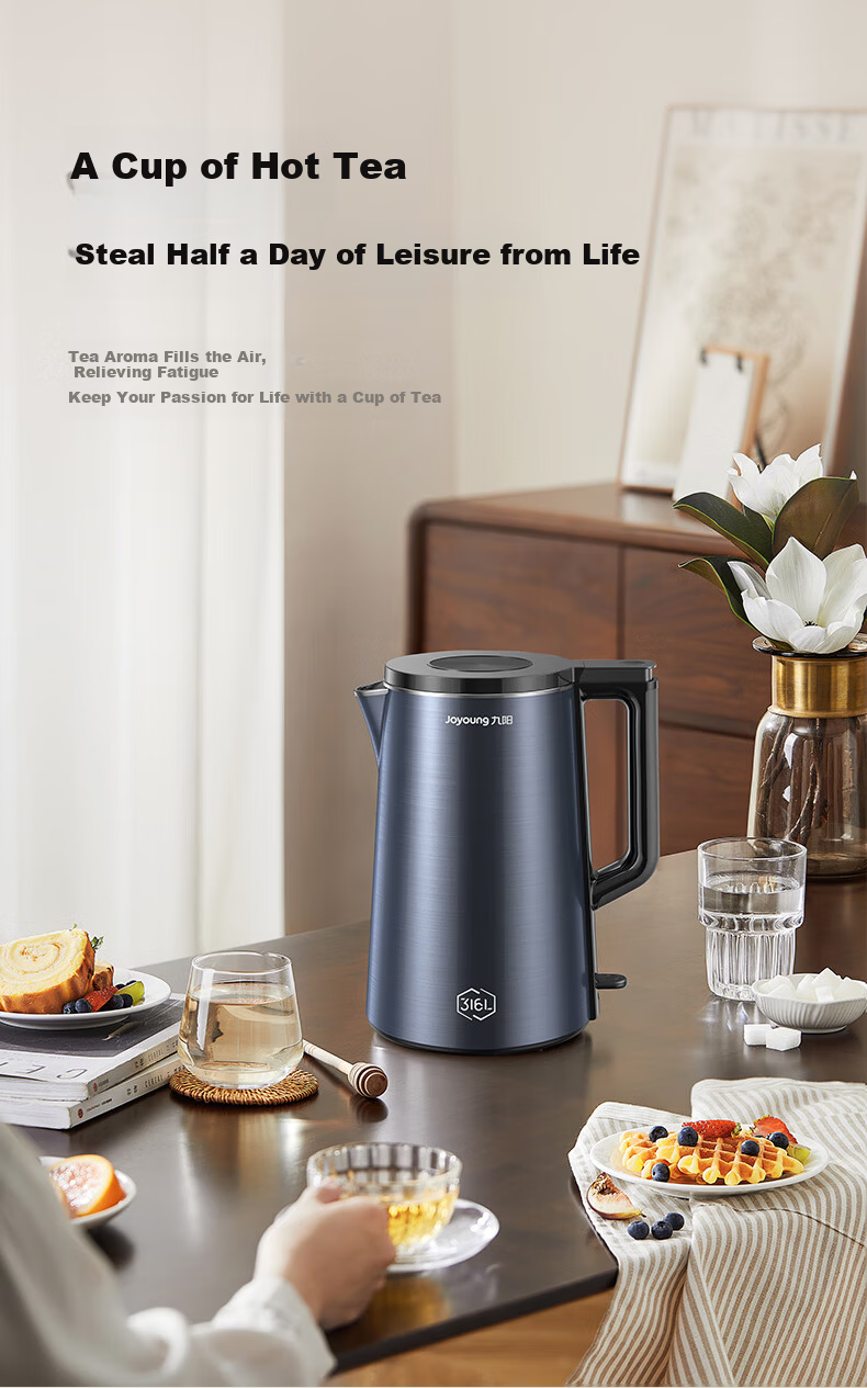 Joyoung Electric Kettle with U-Shaped Inner Pot, 1.7L Capacity, 316L Stainless Steel Seamless Design, Temperature Control, Model 17WU1B 8