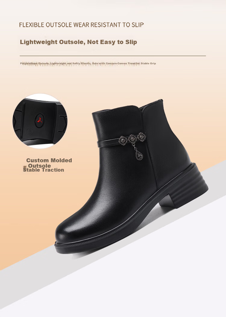 Red Dragonfly Women's Winter Fleece-Lined Warm Cotton Leather Boots Lightweight Soft Sole Middle-Aged and Elderly Short Boots WTC457361H Black Size 39 7