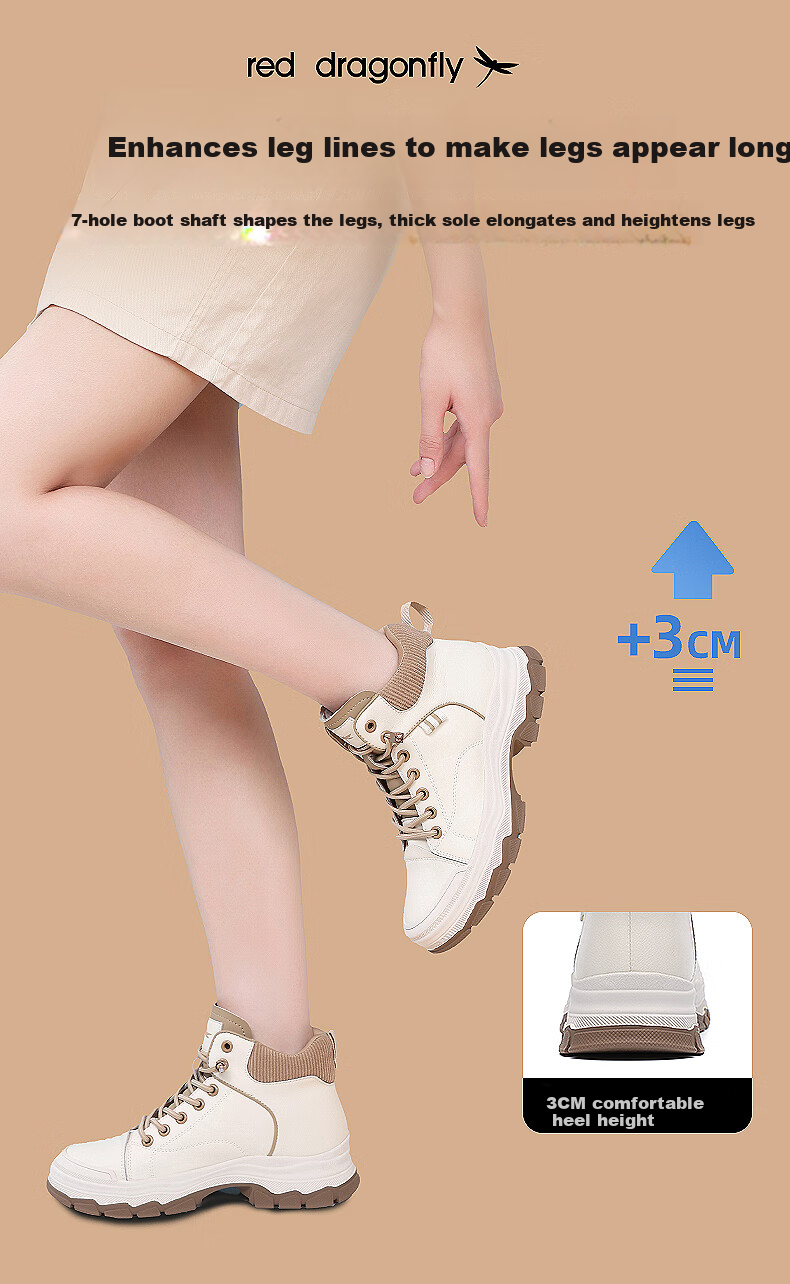 Red Dragonfly Women's Martin Boots Autumn Winter Fleece Lined Warm Slim High Top Casual Trendy Shoes WXC430022R Beige Gray Size 36 9