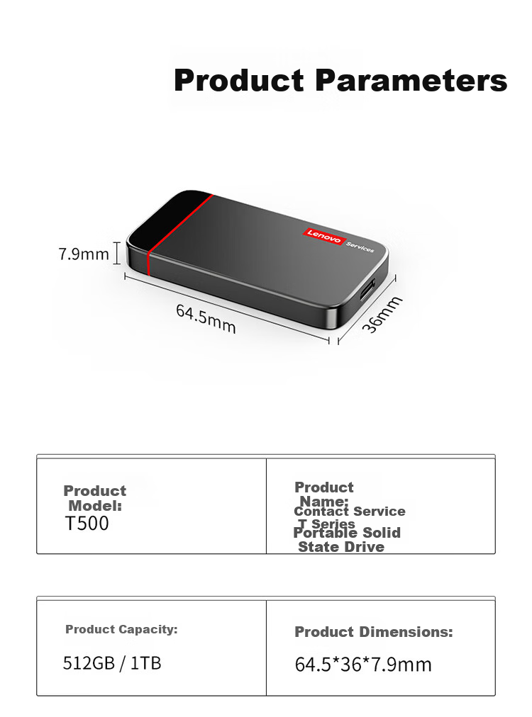 Lenovo 512GB Portable SSD USB 3.2 High-Speed 500MB/s T500 Series Compact External Hard Drive Nationwide Warranty 9