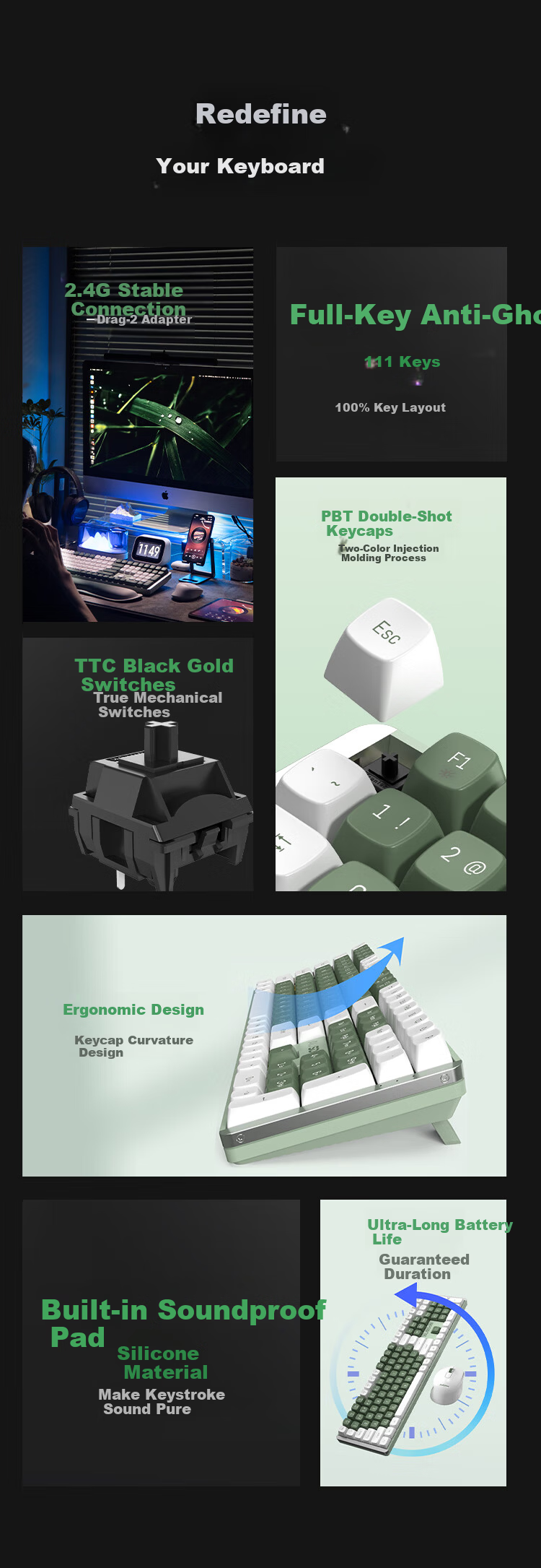 AUSDOM HOLA108 Wireless Keyboard and Mouse Combo Office Gaming Mechanical Keyboard 108-Key Anti-Ghosting Full Layout Desktop Computer Set Green White 2