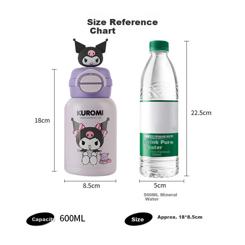 BEDDYBEAR Open Mouth Smile Dual Lid Kids Thermos Bottle with Straw 316 Stainless Steel Large Capacity Insulated Flask 600ML Kuromi 9