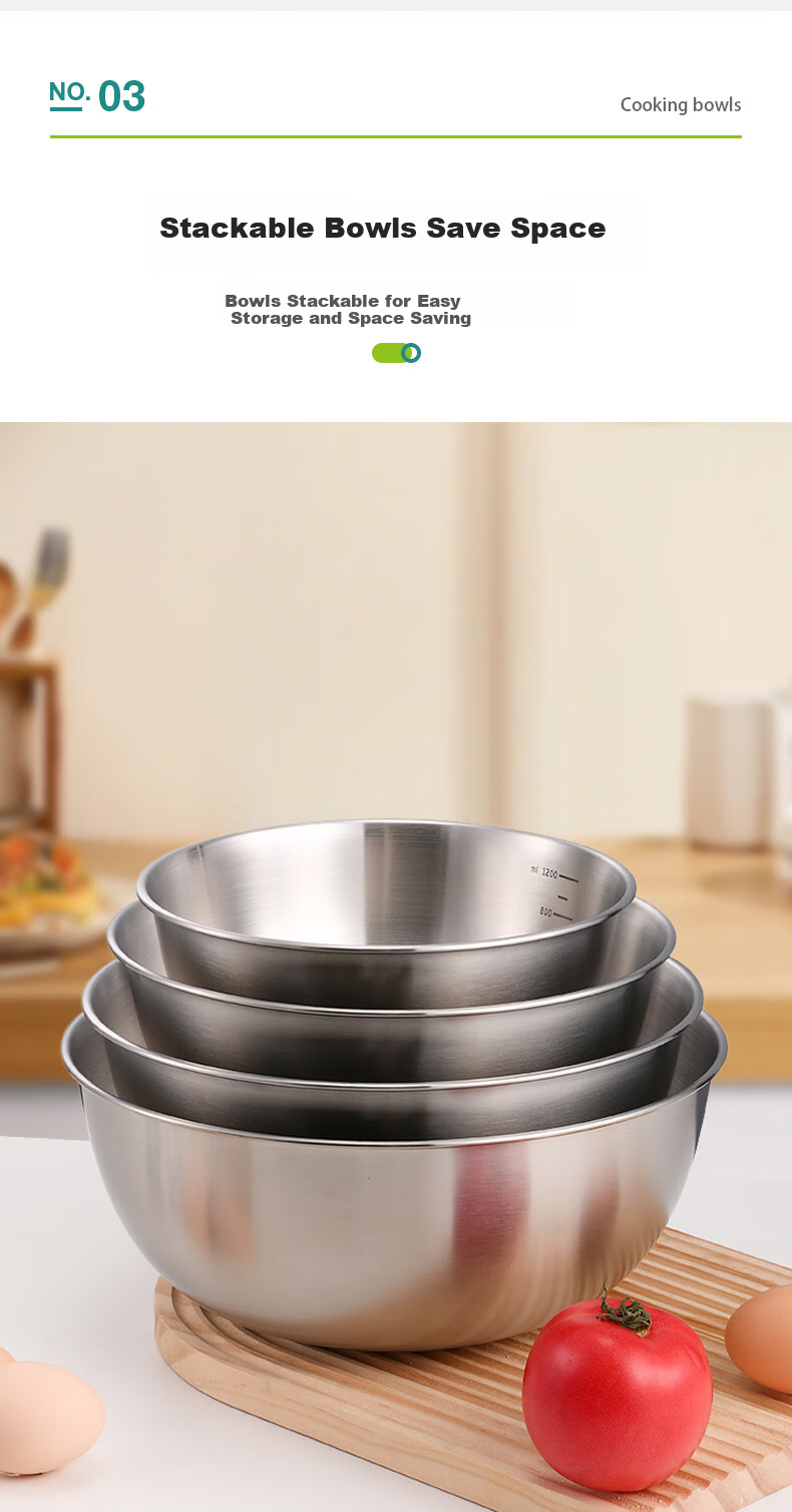 Aomeiyou 304 Stainless Steel Bowl 22cm for Washing Vegetables, Kneading Dough, Beating Eggs, Household Kitchen Salad Mixing Bowl with Straight Edge 4