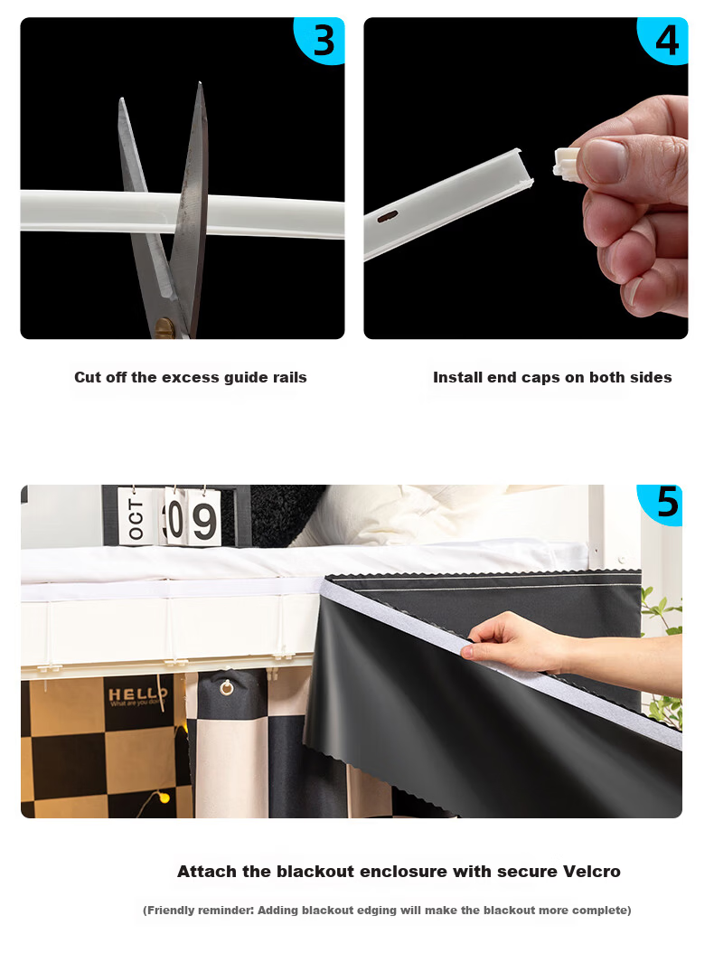 Mengshina Dormitory Bed Curtain Lower Bunk U-Shaped Track Strong Light-Blocking Student Curtain Black Check Bear / 2 Panels + Bed Valance 23