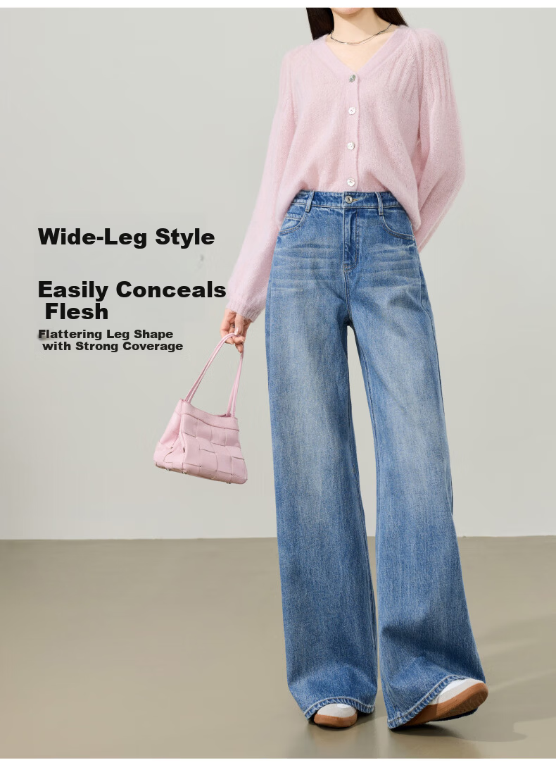 ESE-Y Slimming Wide-Leg Pants for Women 26 Spring New Lightning Wash Vintage Twill Denim Straight-Leg Pants Blue 29 5