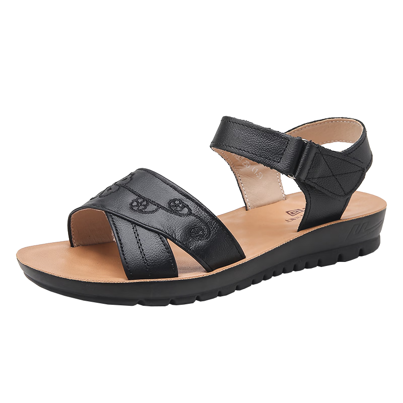 Warrior Mom Summer Sandals Soft Sole Genuine Leather Middle-aged and Elderly Women's Shoes New Anti-slip Summer 0768 Black Size 37