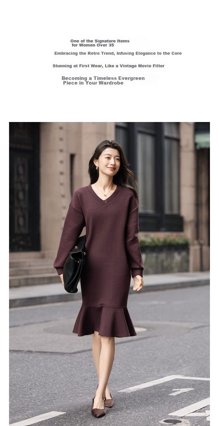 Demana [Comfort Elastic Air Layer] Spring Elegant V-Neck Mermaid Ruffle Loose Petite Women's Dress 3