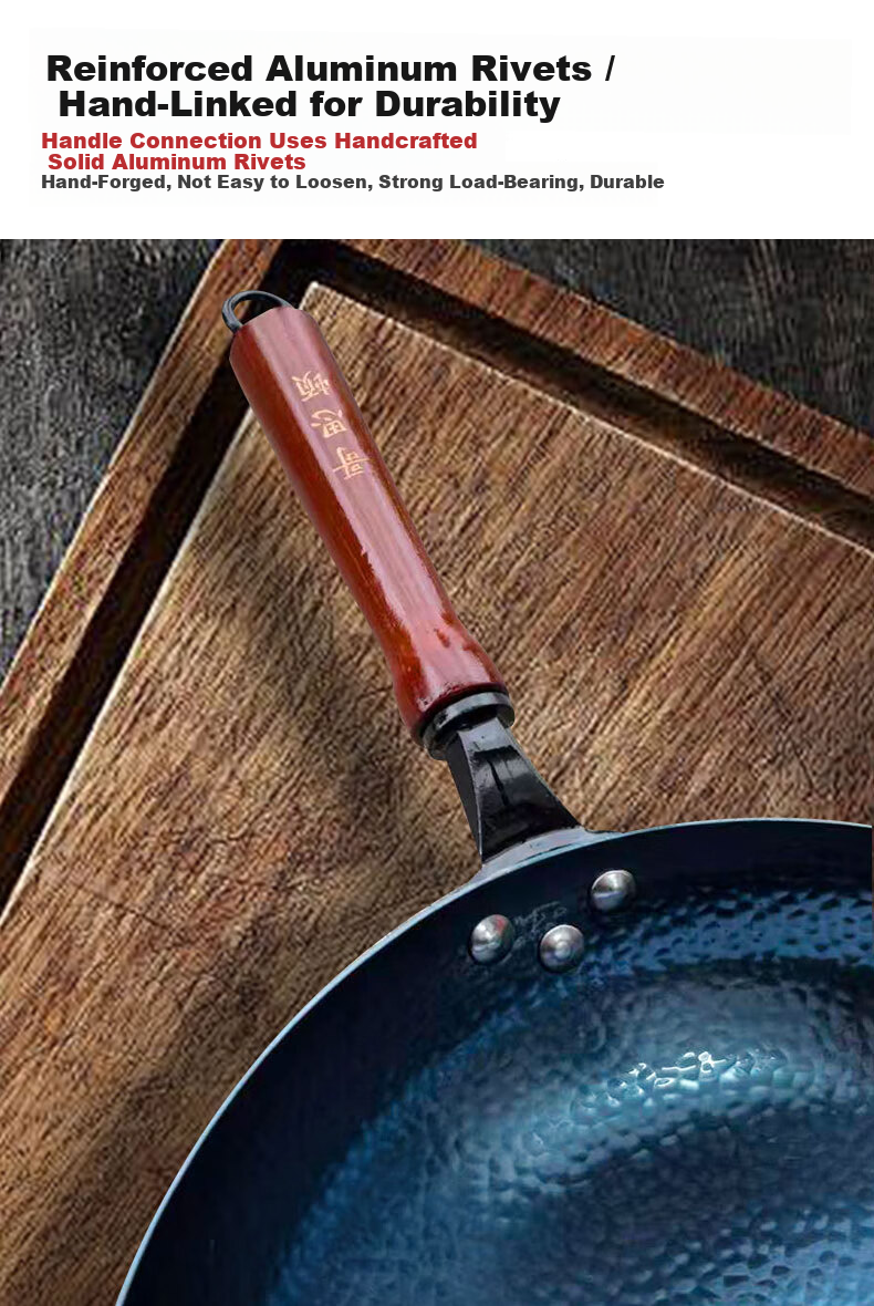 Goston Zhangqiu Iron Wok 34cm Round Bottom Non-Coated Traditional Fish Scale Pattern Wooden Handle Stir Fry Pan 2