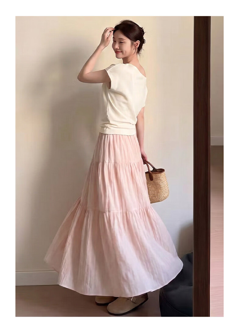 Langsha Women's Summer 2026 New High-Waist Slimming A-Line Pleated Long Skirt Elegant Sweet Puffy Cake Skirt 10
