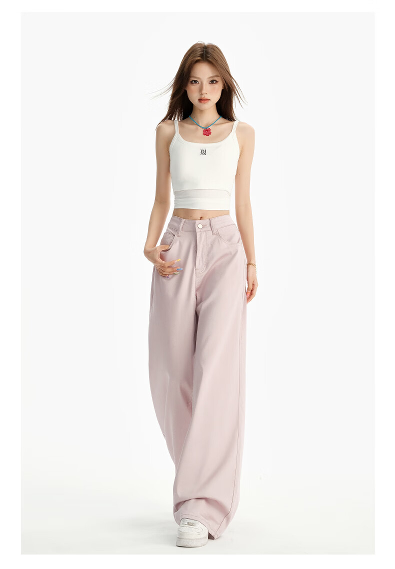 Jeanswest Women's Summer Thin Tencel Wide-Leg High-Waist Draped Ice Silk Straight-Leg Floor-Length Pink-Purple Tencel Pants L 16