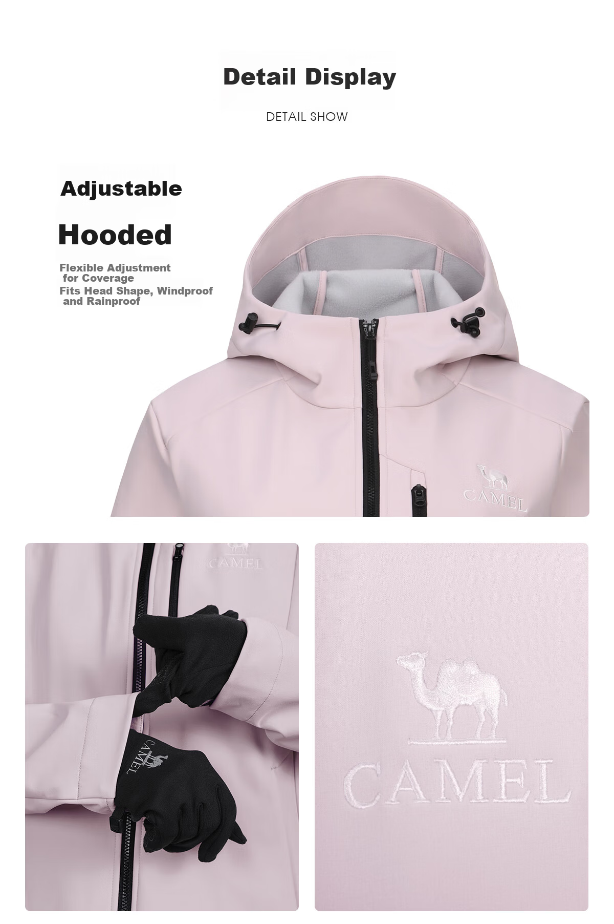 CAMEL Women's Softshell Jacket Fleece Lined Warm Anti-Static Windproof Waterproof Hooded Coat for Men 15