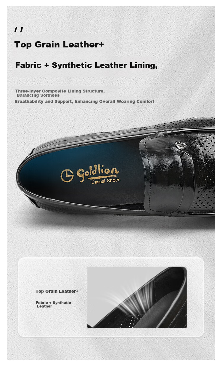 Goldlion Men's Shoes 26 Summer New Business Casual Perforated Breathable Lightweight Slip-On Leather Shoes G534620171AAD Black Size 41 5