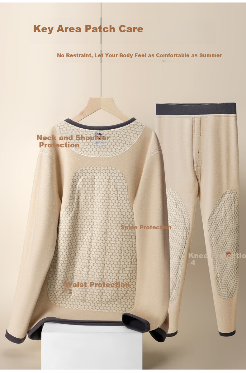 SNOWFLYING Men's Thermal Underwear 100% Wool Filled Patch Autumn Winter Fleece Thickened Set 6