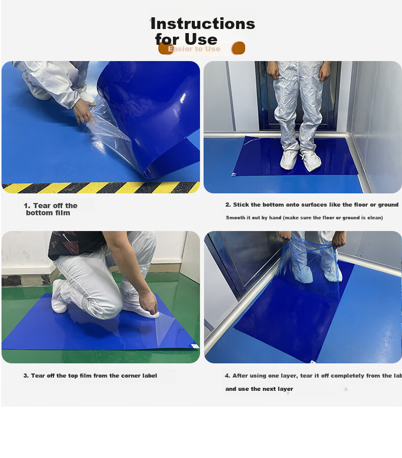 Kyusen Dust Removal Mat Cleanroom Adhesive Floor Mat Peelable Shoe Dust Mat Entrance Floor Mat Disposable Dust Removal Mat for Machine Room Workshop Blue 60CM*90CM 30 Sheets 7
