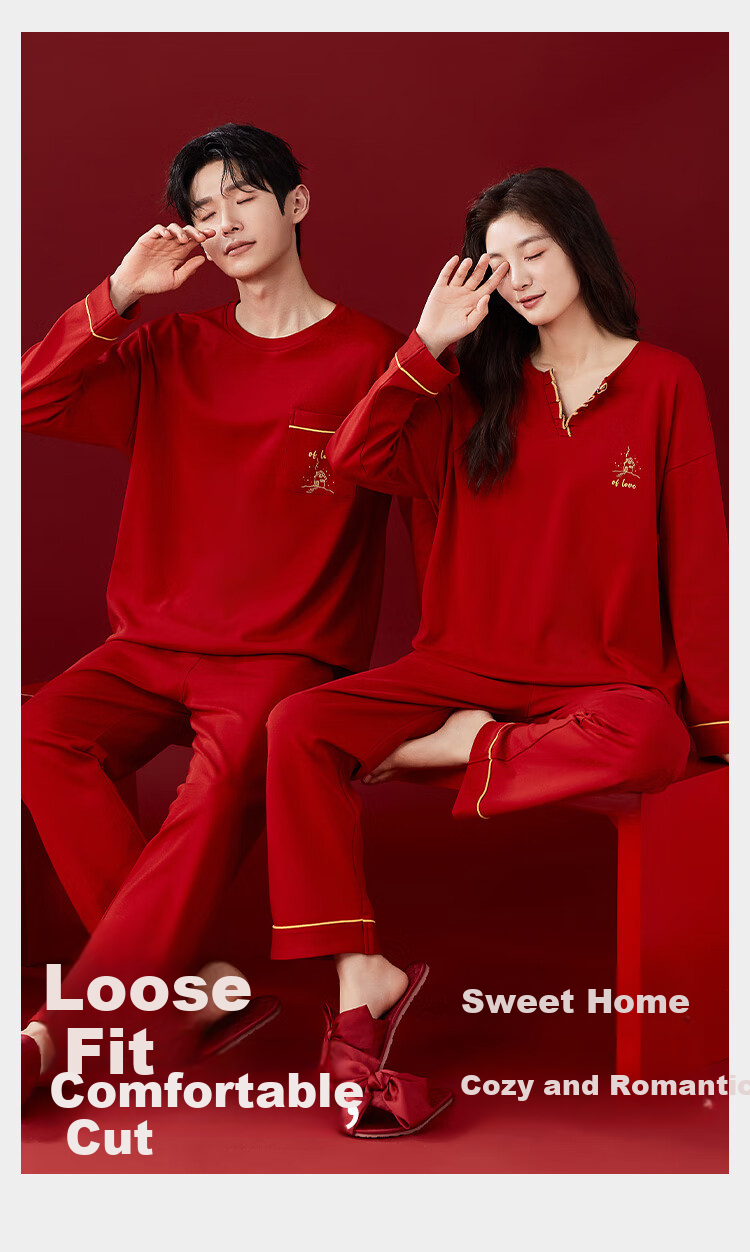 Langsha [10A Antibacterial] Women's Pajamas Autumn Cotton Homewear for Newlyweds Couple Angora Red 4