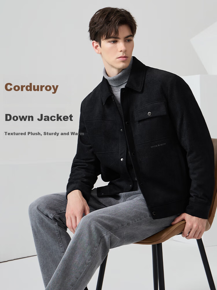 DANCING WOLVES 85% Duck Down Autumn Winter Corduroy Lapel Thick Men's Down Jacket 102 Dark Blue 175 1