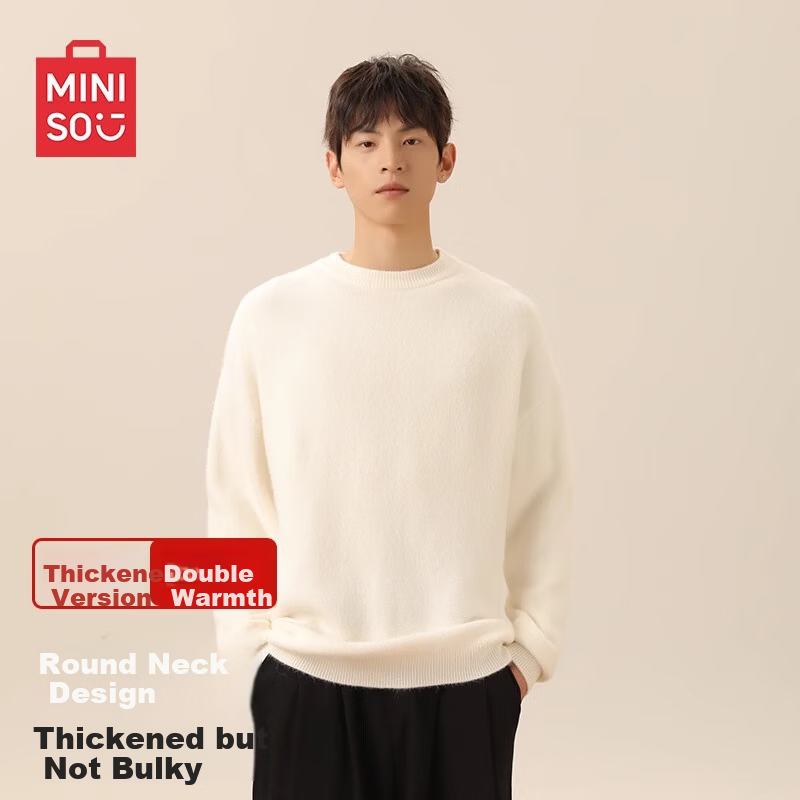 MINISO Men's Fleece-Lined Sweater Winter Warmth Integrated Fleece 2025 New Round Neck Knitwear Off-White XL