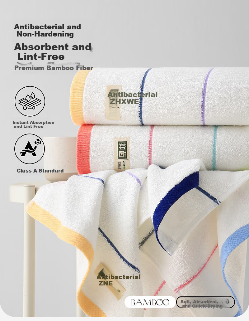 Bamboo 100 Bamboo Fiber 5A Antibacterial Towels 2-Pack Absorbent Lint-Free Adult Large Towels 34x70cm 100g Each Sports 1