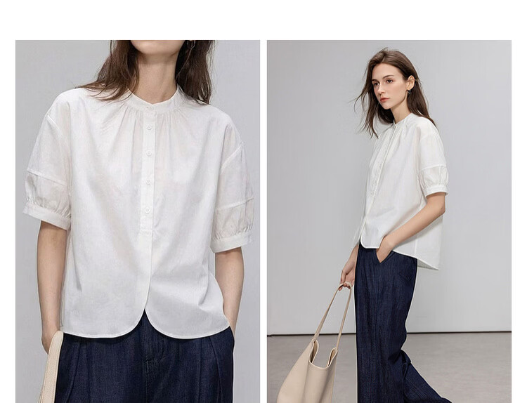 Demana [Oxygen Pure Cotton] Summer Simple Style Gathered Small Stand Collar Lantern Sleeve Curved Hem Loose Slim Women's Shirt 5